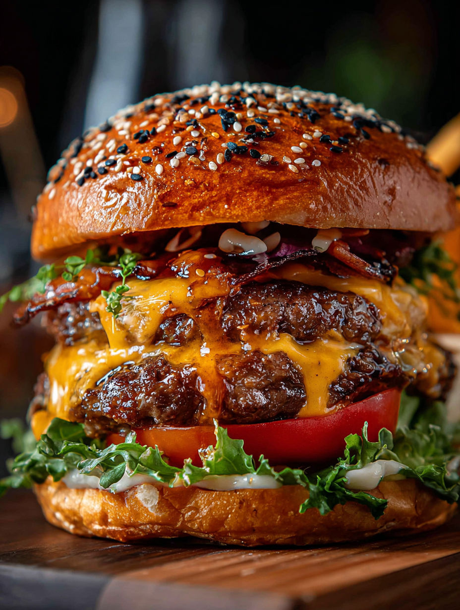 Close up view of burger topped with bacon, tomato, lettuce, and cheese.