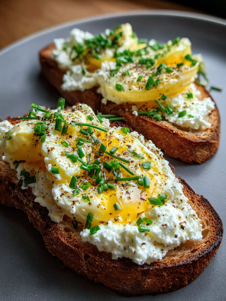 Two slices of toast topped with ricotta and eggs.
