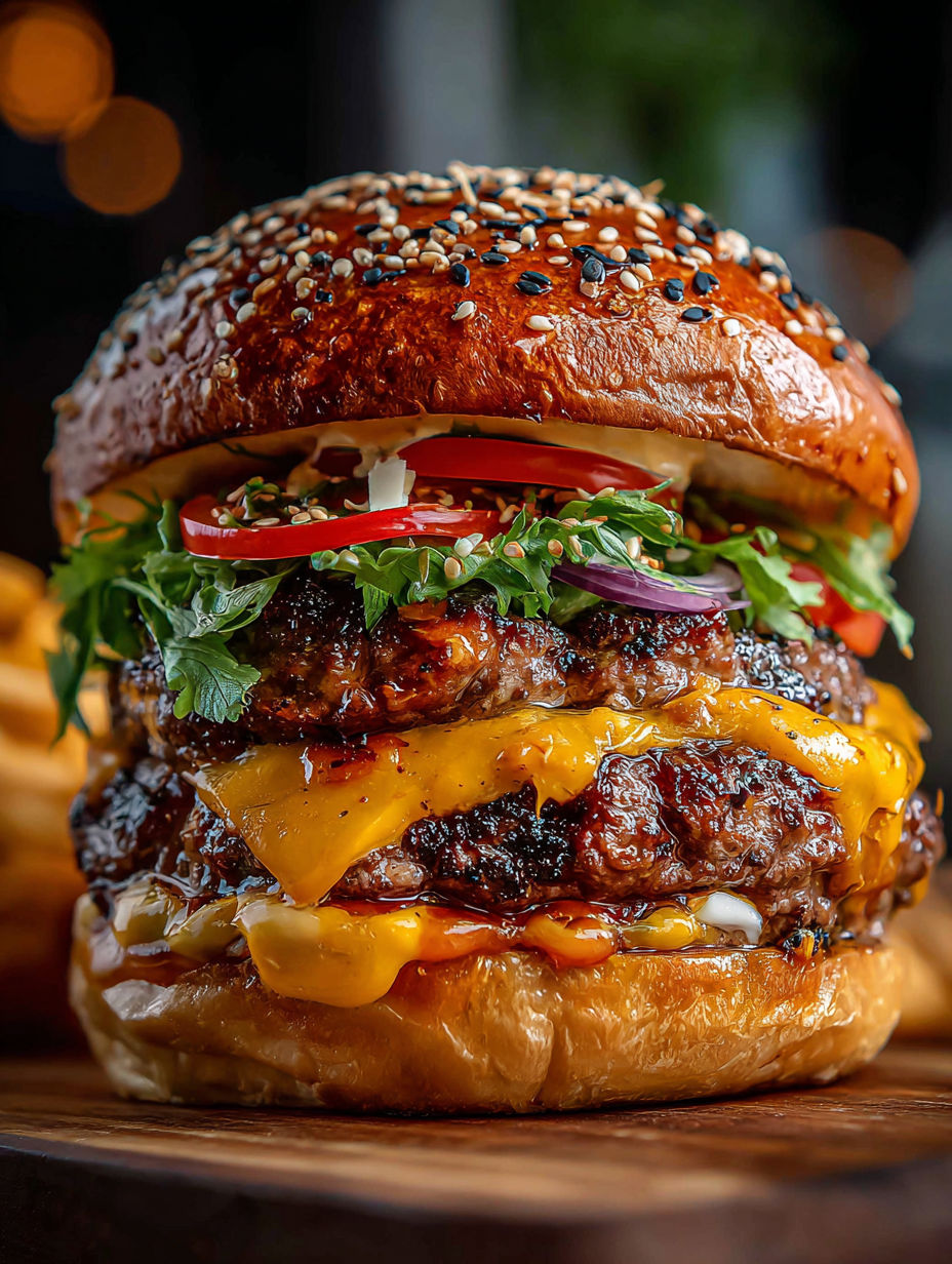 A close up of a burger with lettuce, tomato, and cheese.