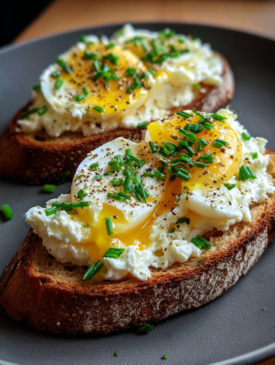 Two slices of toast topped with eggs and cheese.
