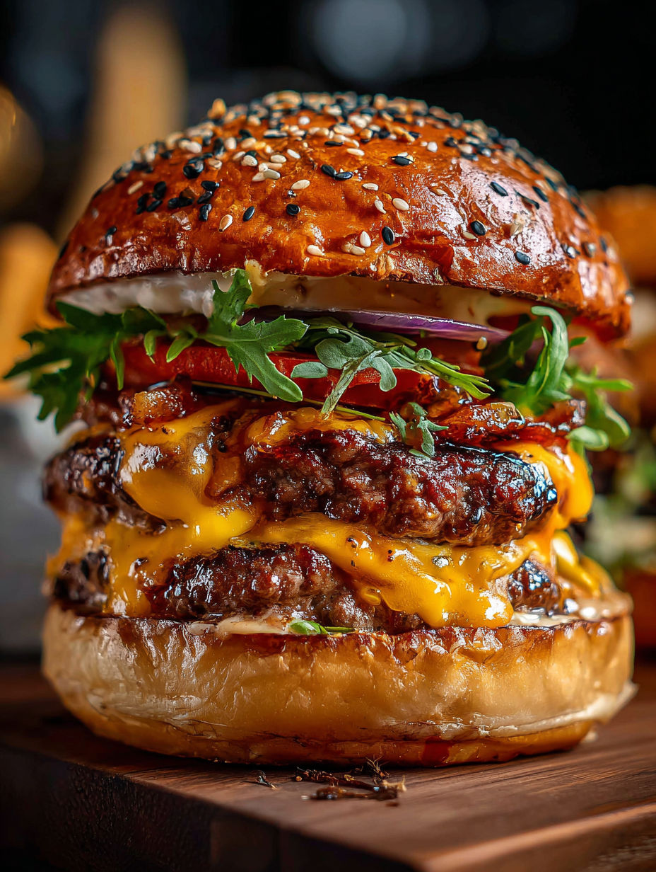 A large burger with lettuce, tomato, and cheese.