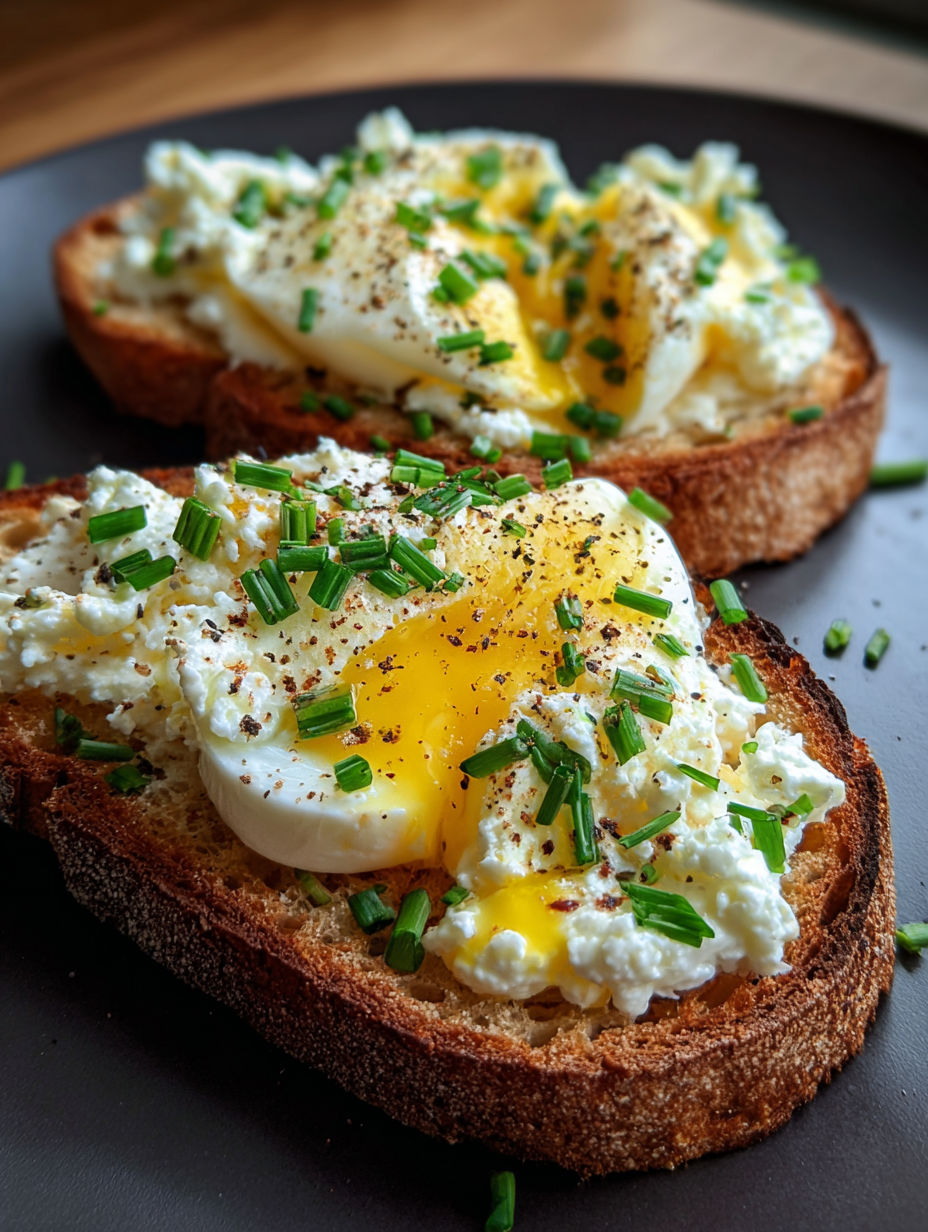Two slices of toast topped with ricotta and eggs.