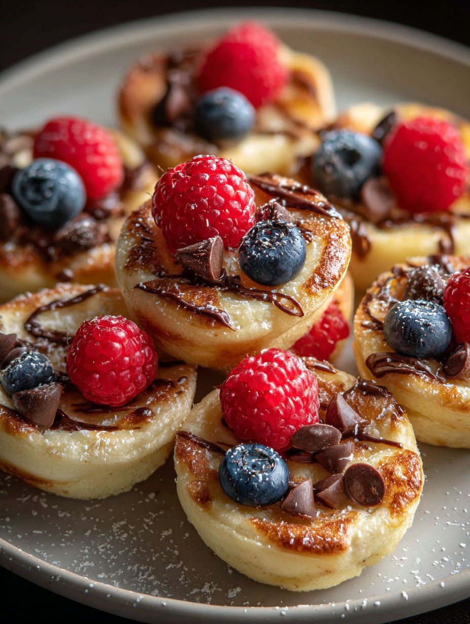 A plate showing pancake bites with chocolate and raspberries.