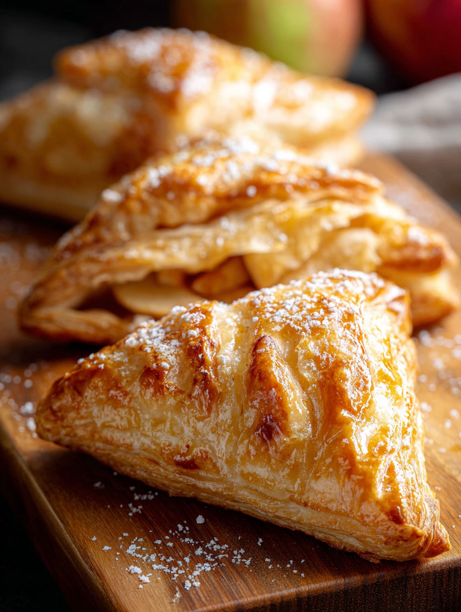 Three apple turnovers with powdered sugar on a wooden table.