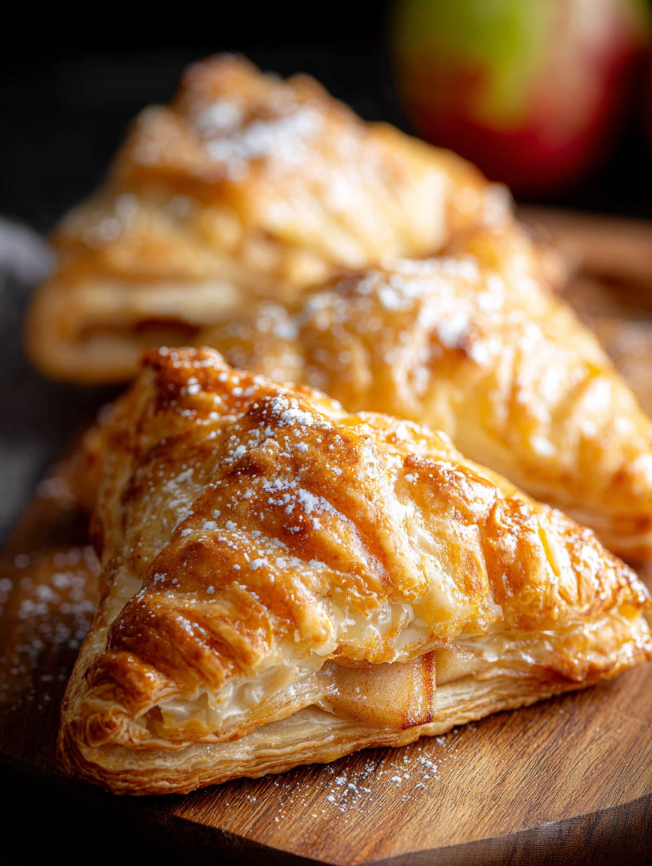 Three apple turnovers on a wooden table.
