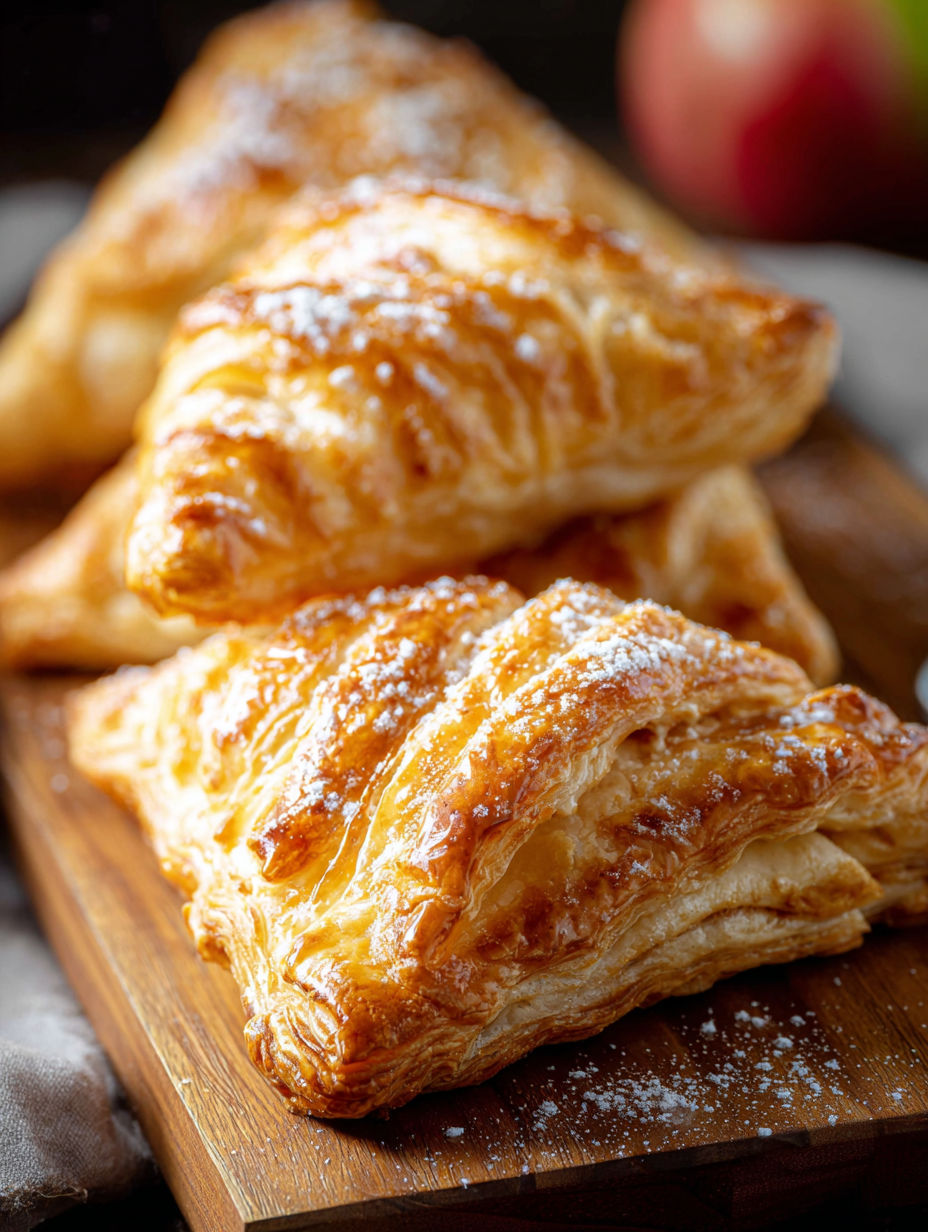 Puff pastry apple turnovers on a wooden table.