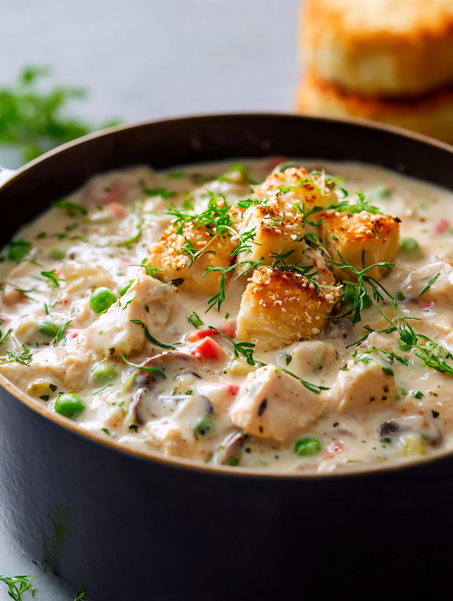 A bowl with chicken a la king and veggies.