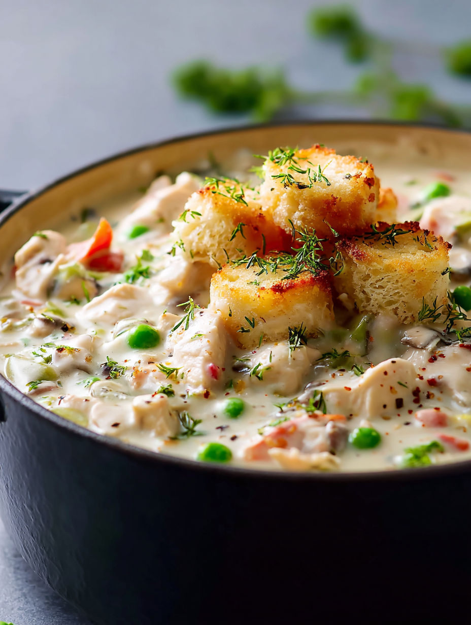 A bowl of chicken a la king with bread croutons.