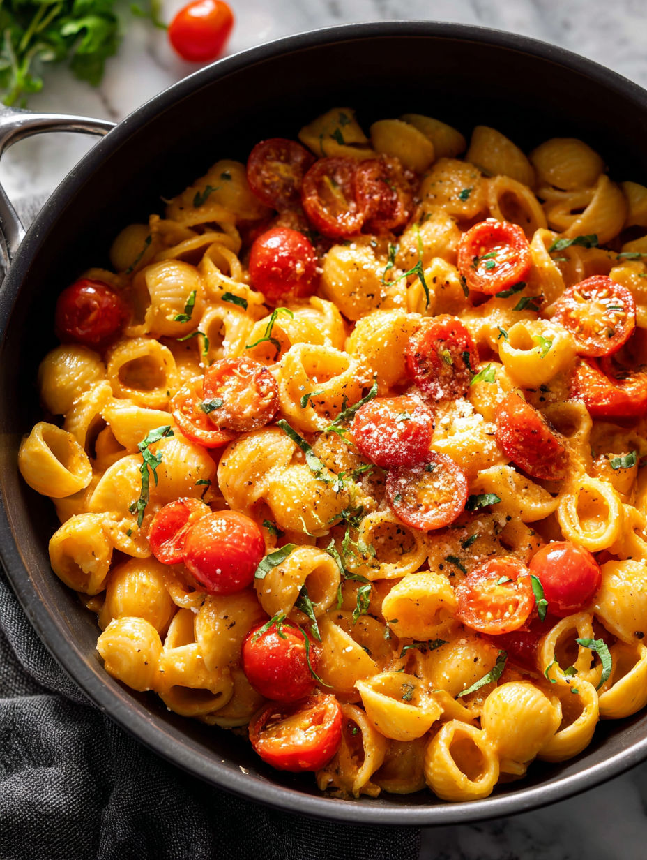 Bowl of pasta with tomatoes and creamy cheese