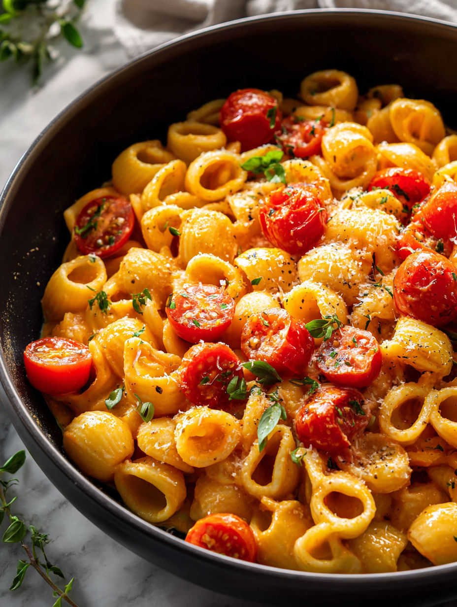 A bowl of pasta with cherry tomatoes.