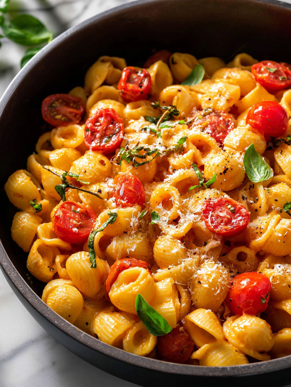 A bowl of pasta with tomatoes and cheese.