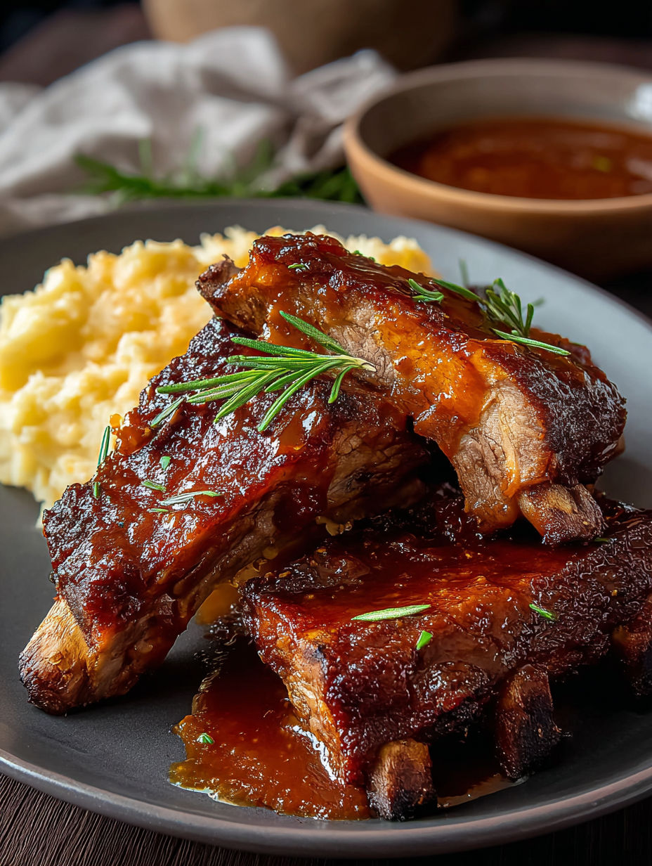 Plate of saucy ribs ready to eat.