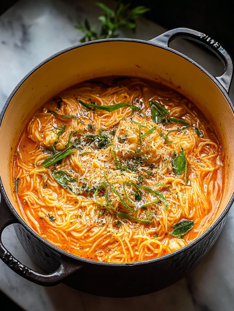 Soup pot full of noodles and veggies.
