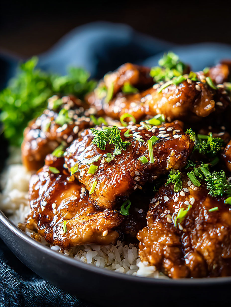 Plate with chicken thighs, rice, and garnish