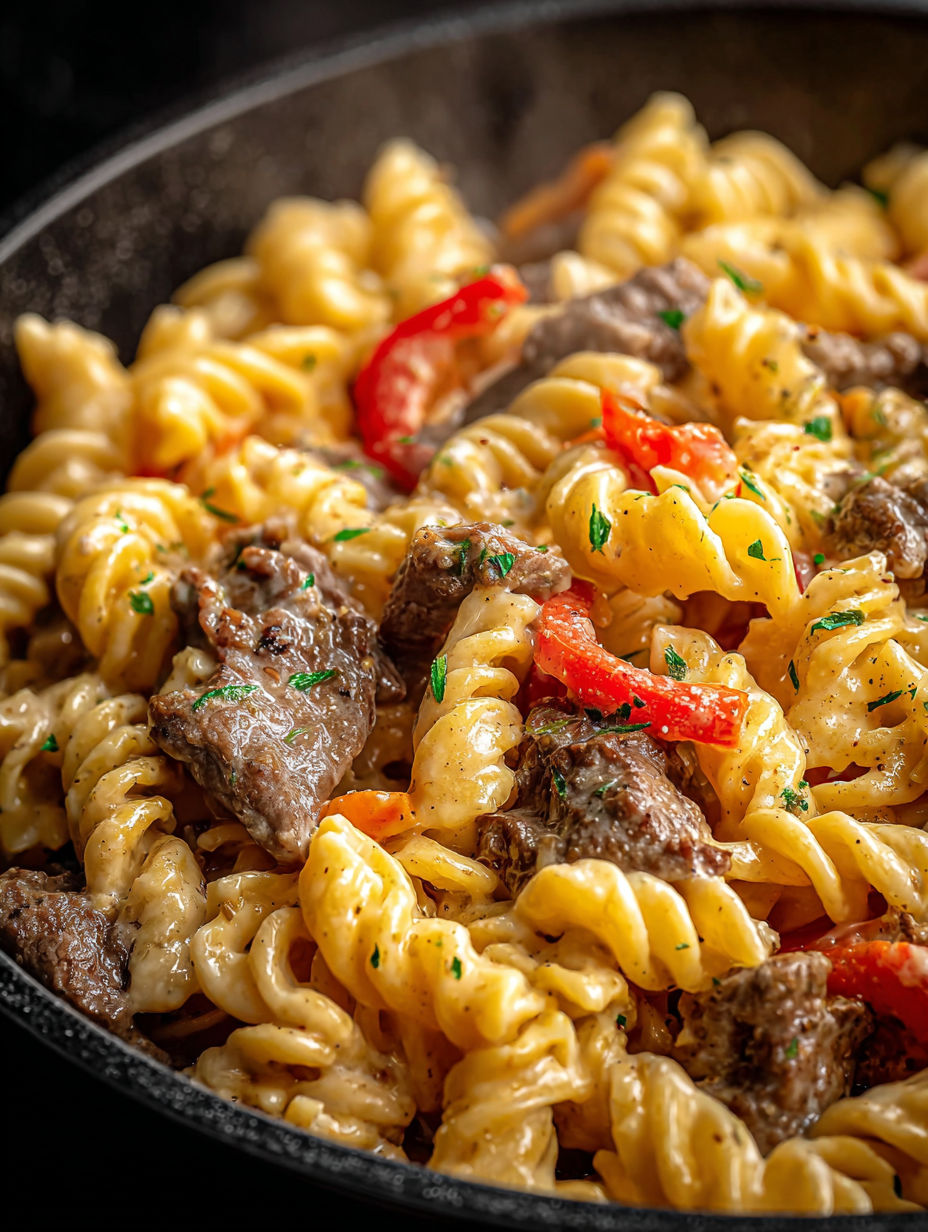 Close-up shot of delicious Philly Cheesesteak Pasta.