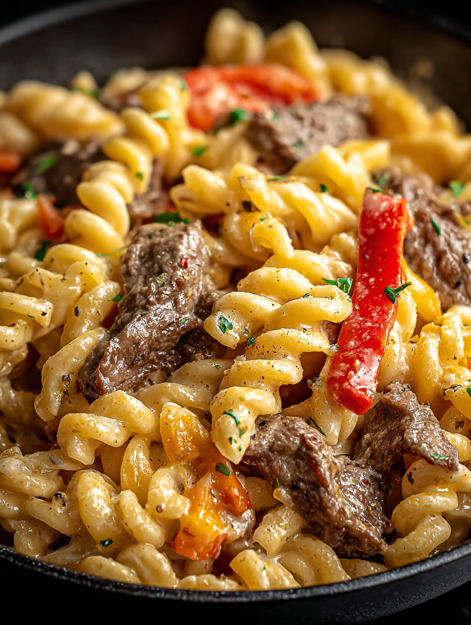 Close-up image of tasty Philly Cheesesteak Pasta.