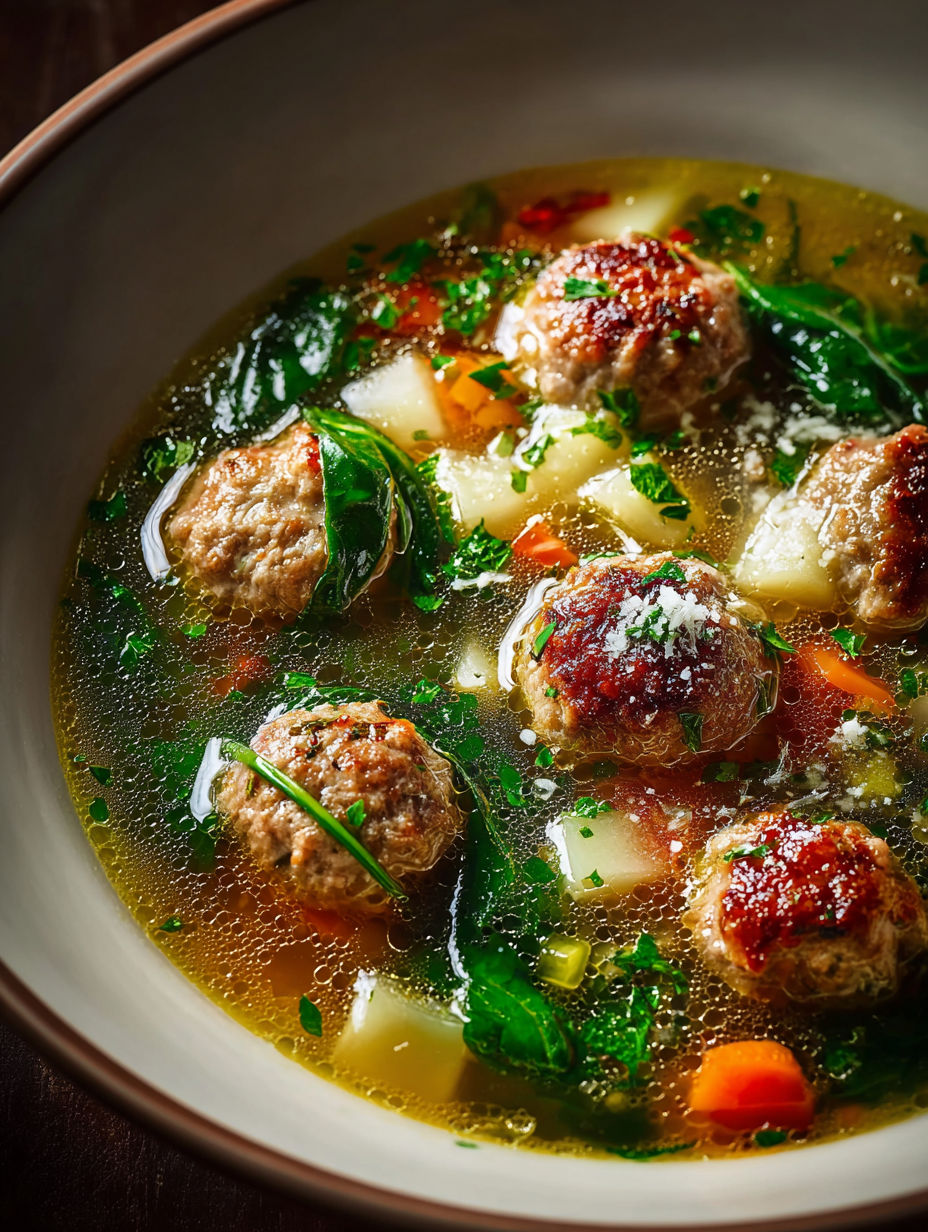 Bowl filled with soup containing meatballs and fresh greens.