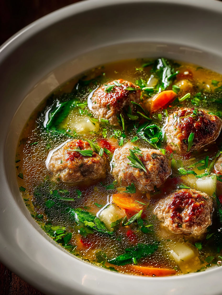 Soup bowl with meatballs and greens.