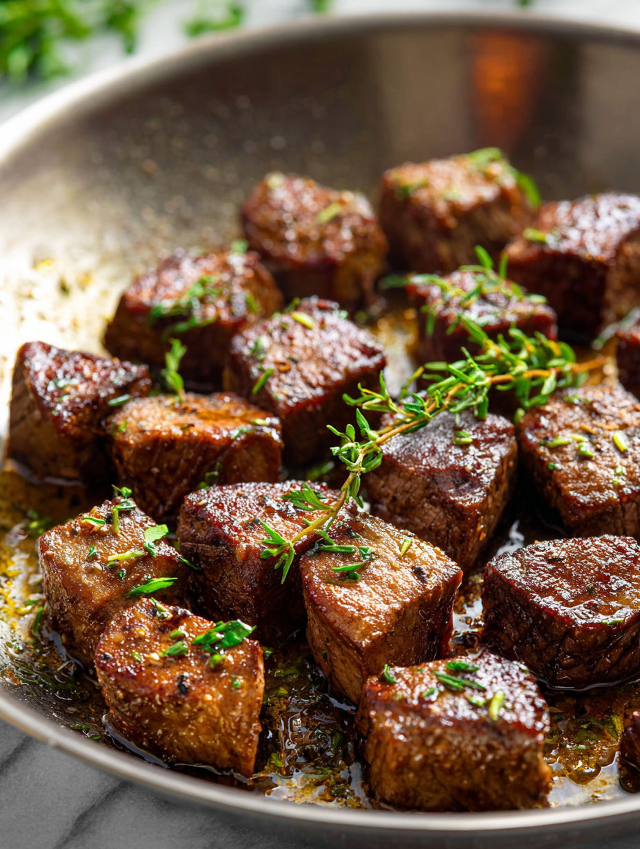 Steak Bites in a pan.