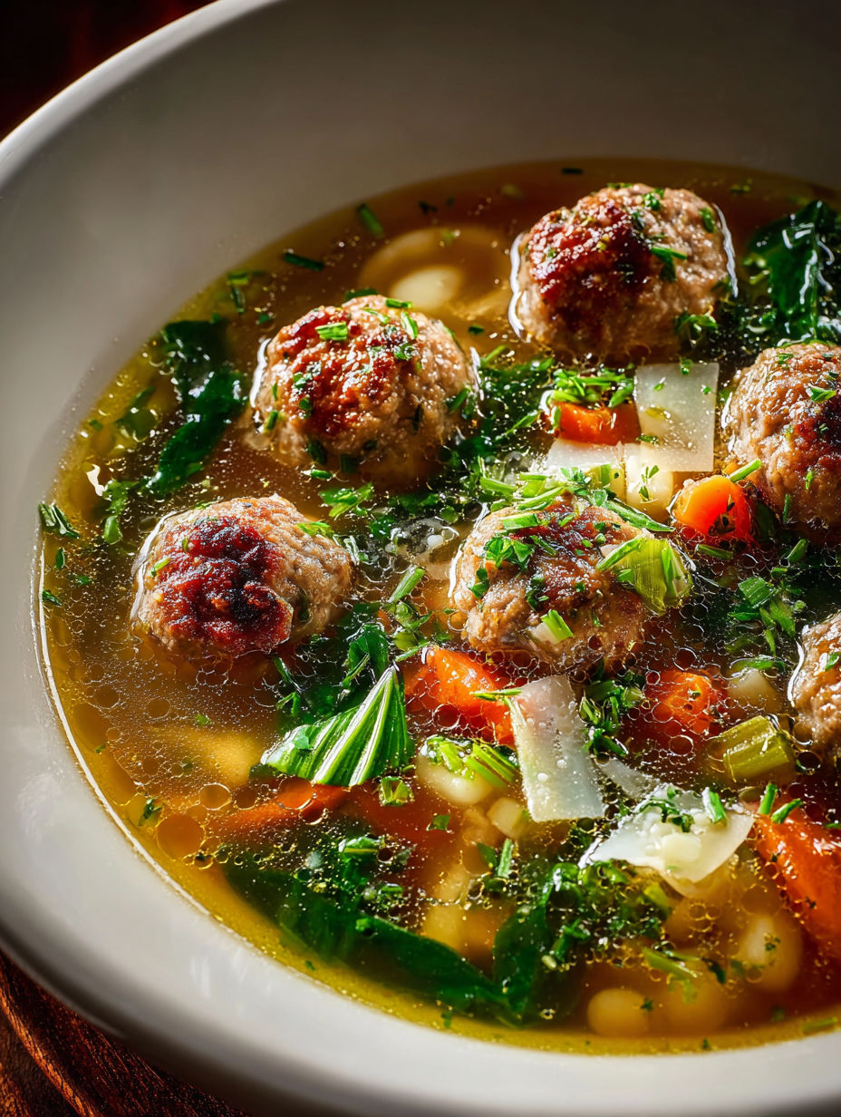 Soup bowl with meatballs and veggies.