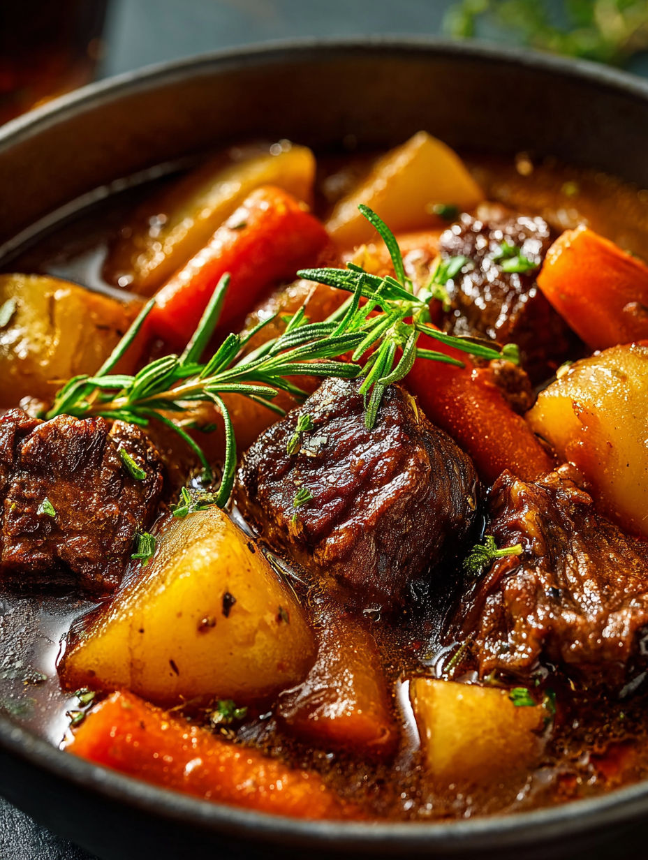 Close-up shot of stew with chunks of meat and veggies.