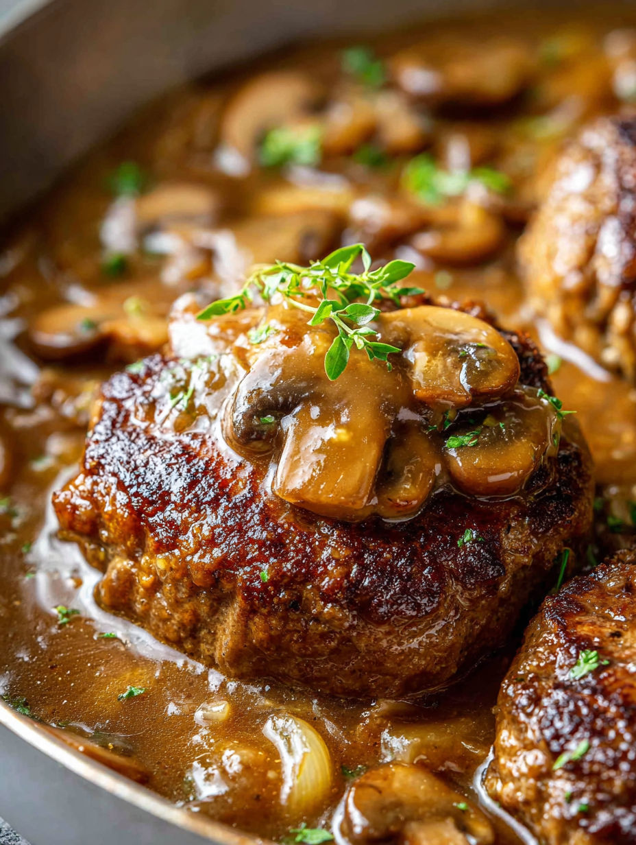 Close-up of meat topped with mushrooms.