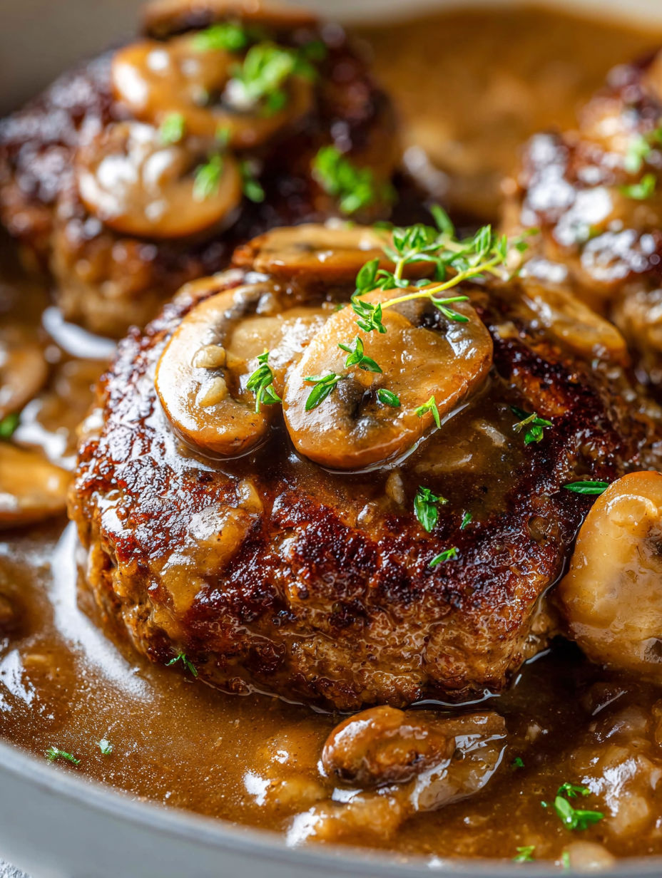 Meat with mushrooms laid on top.
