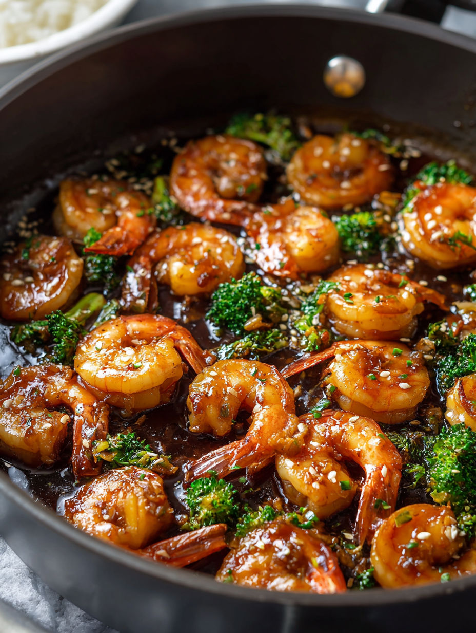 Shrimp cooked with garlic and honey in a pan