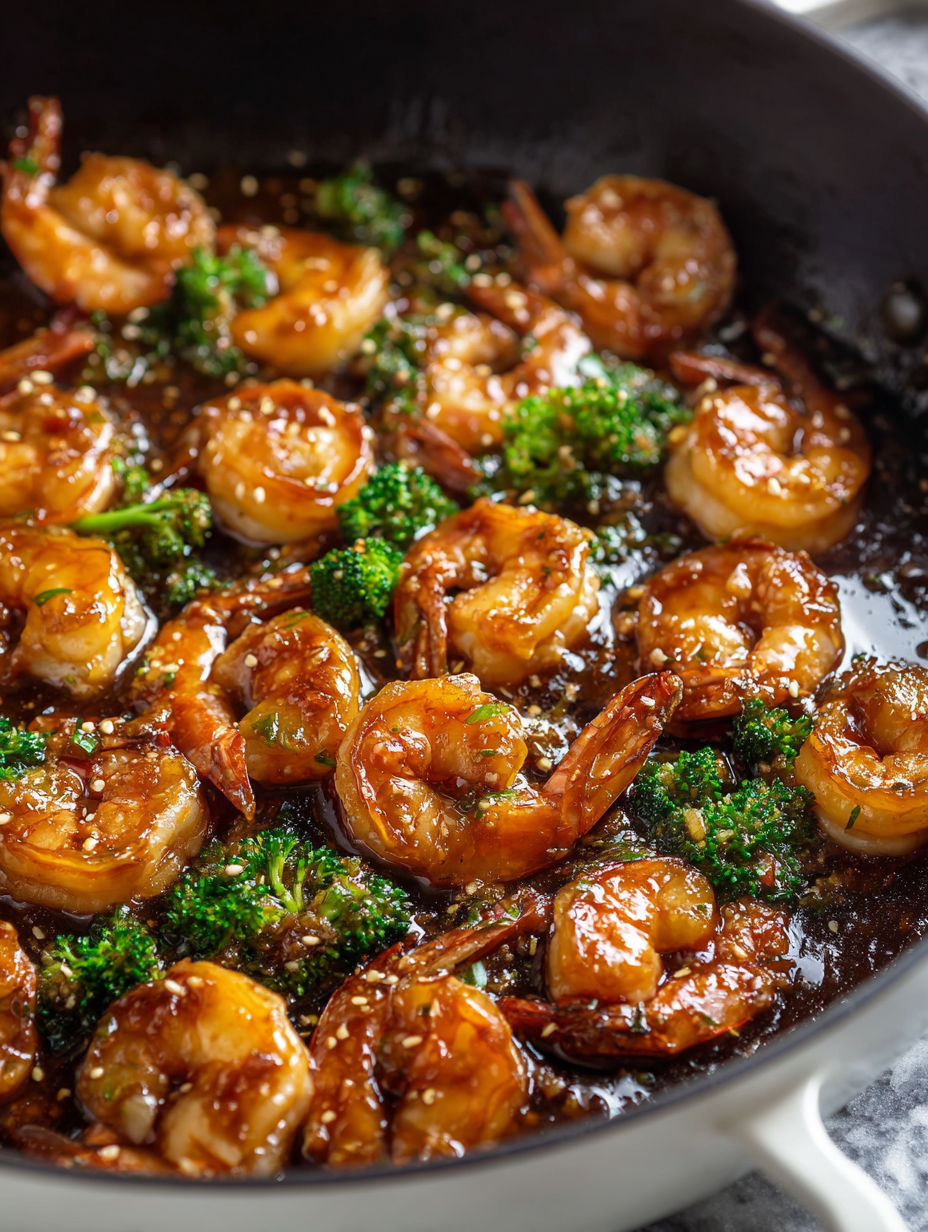 A dish of shrimp with a brown sauce.