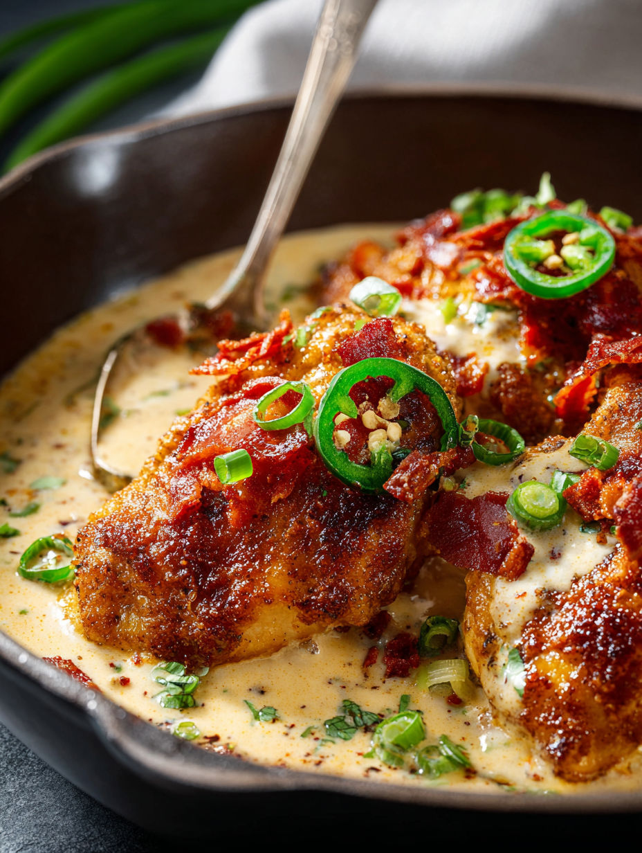 Close up showing a jalapeño popper chicken dish.
