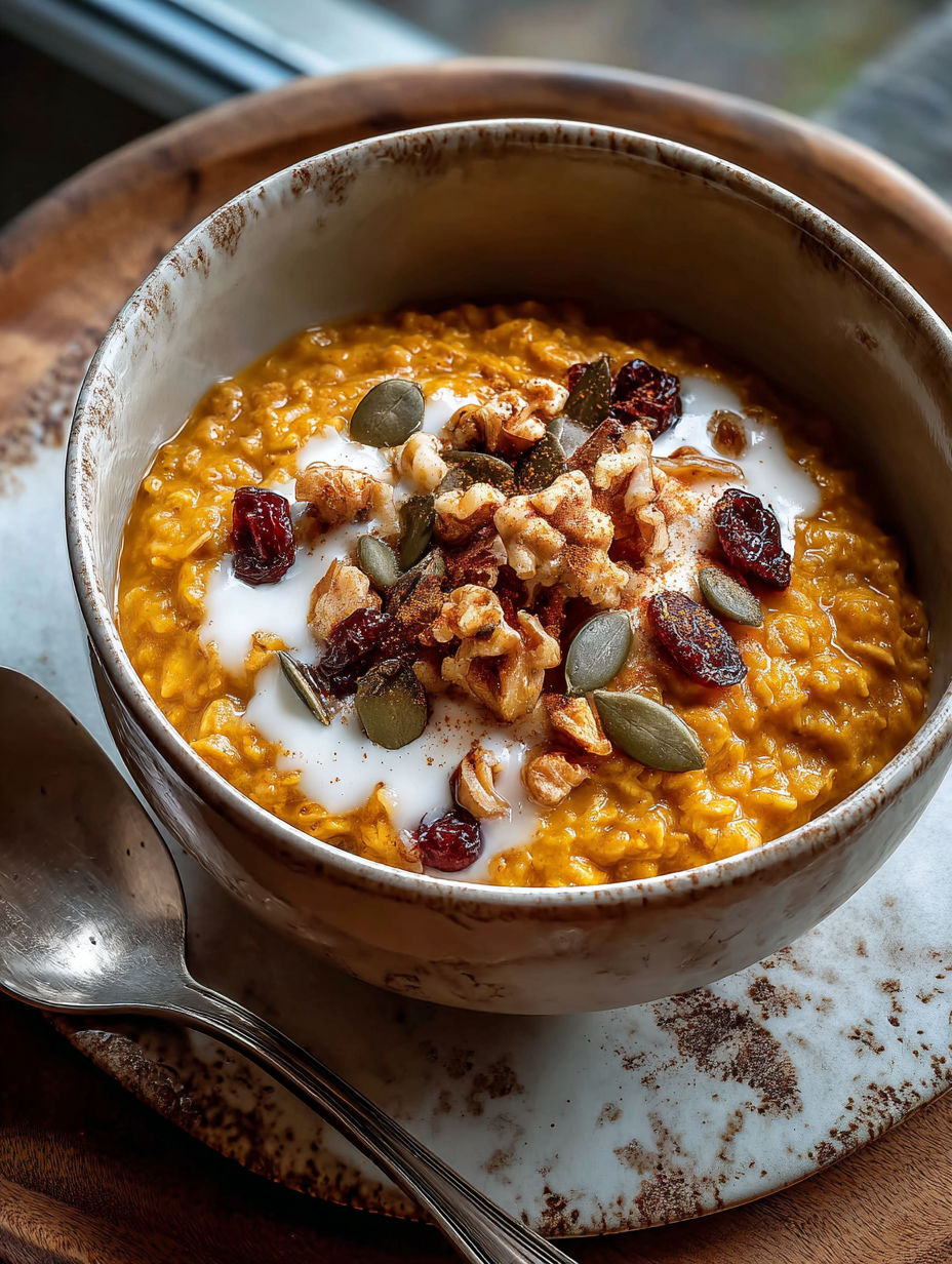 A bowl of warm spiced pumpkin oatmeal.