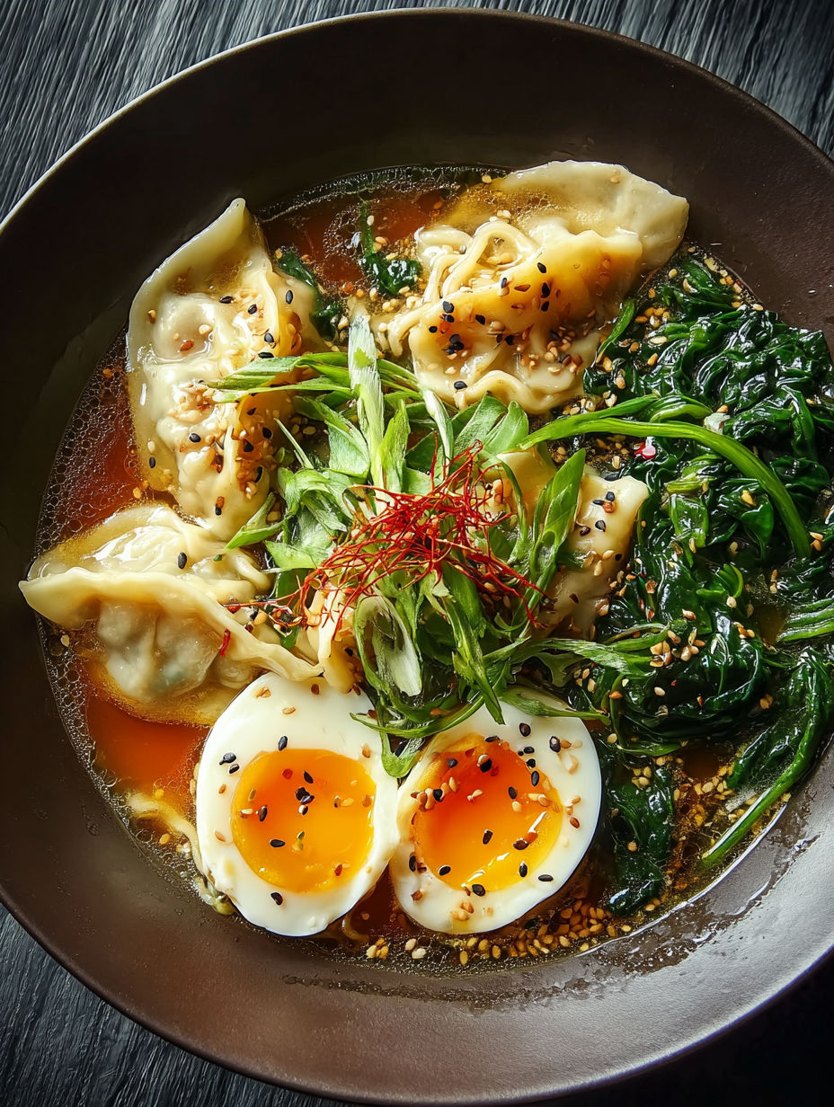 A bowl of savory dumpling ramen.