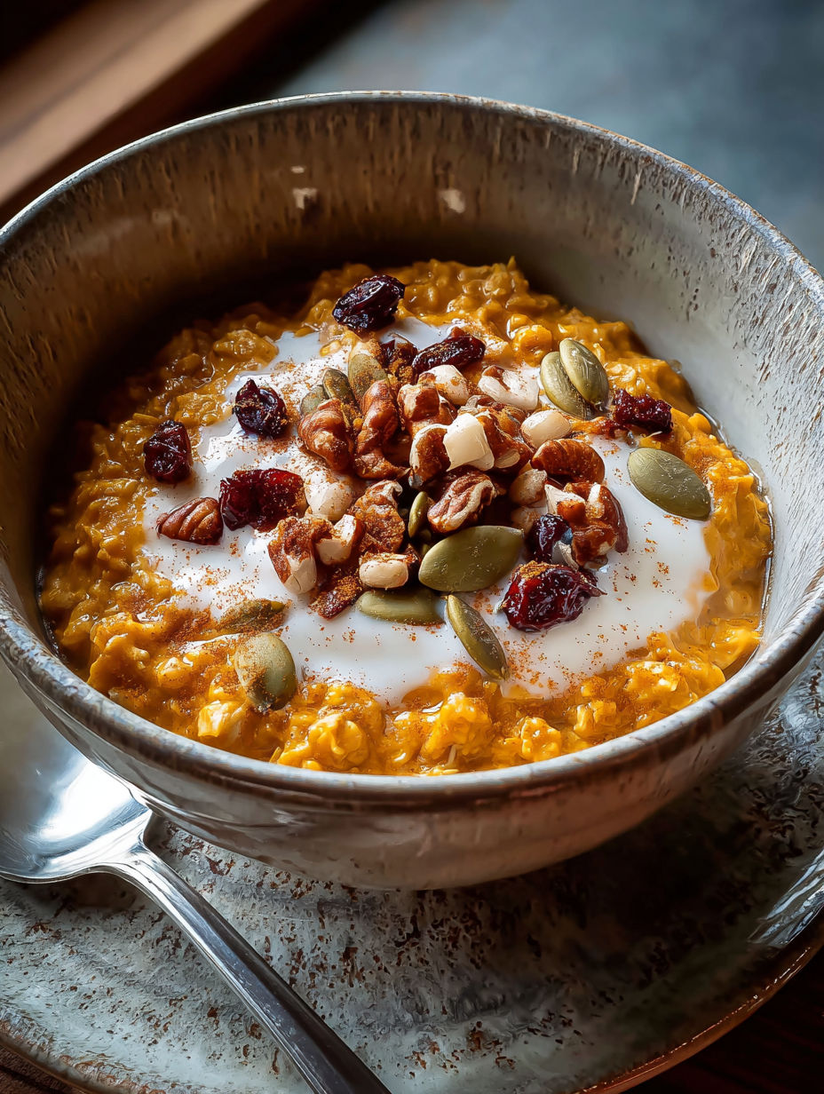 Bowl filled with cozy spiced pumpkin oatmeal.