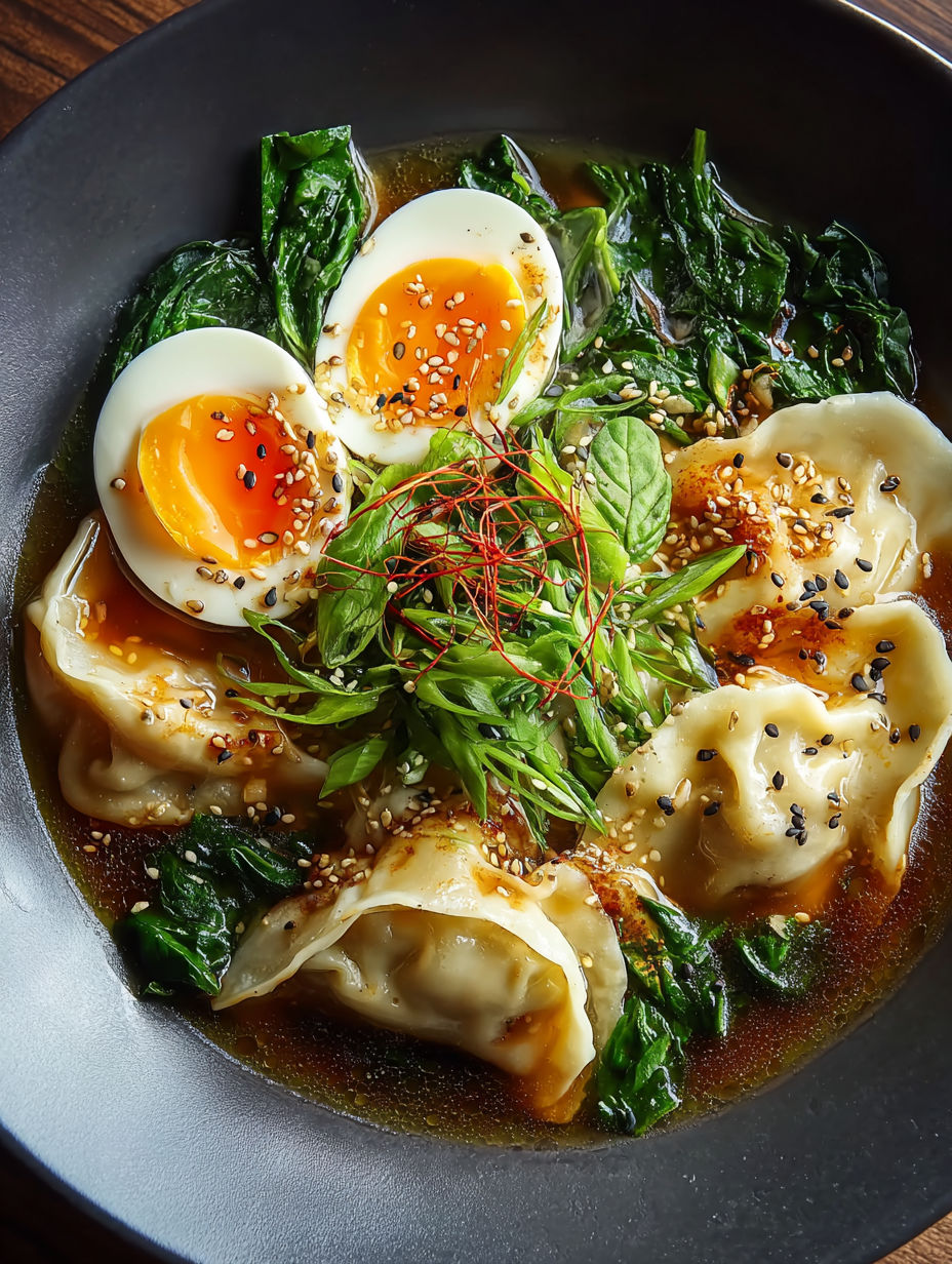 A bowl of savory dumpling ramen.
