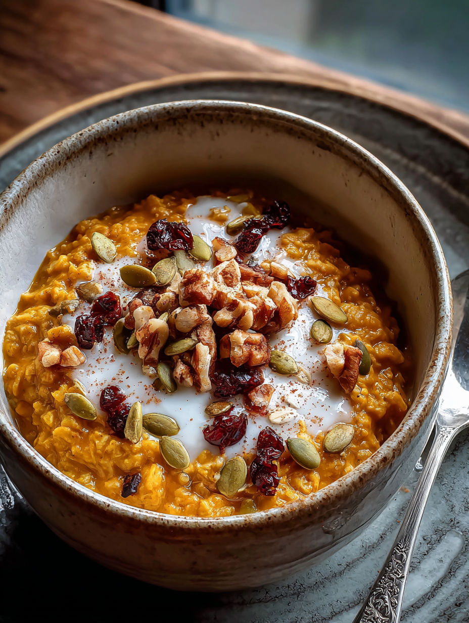 Bowl of cozy spiced pumpkin oats.