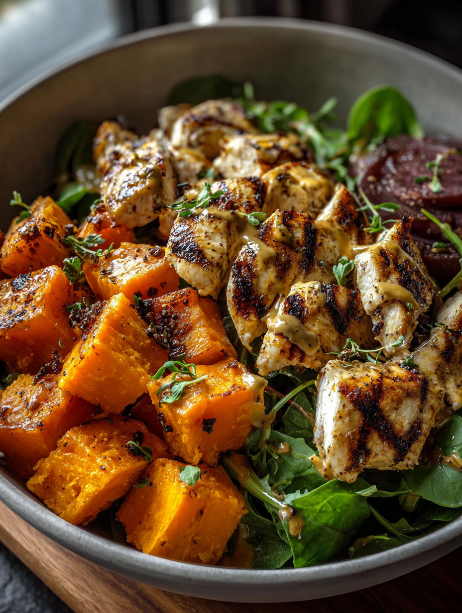 A bowl of food with chicken, sweet potatoes, and greens.