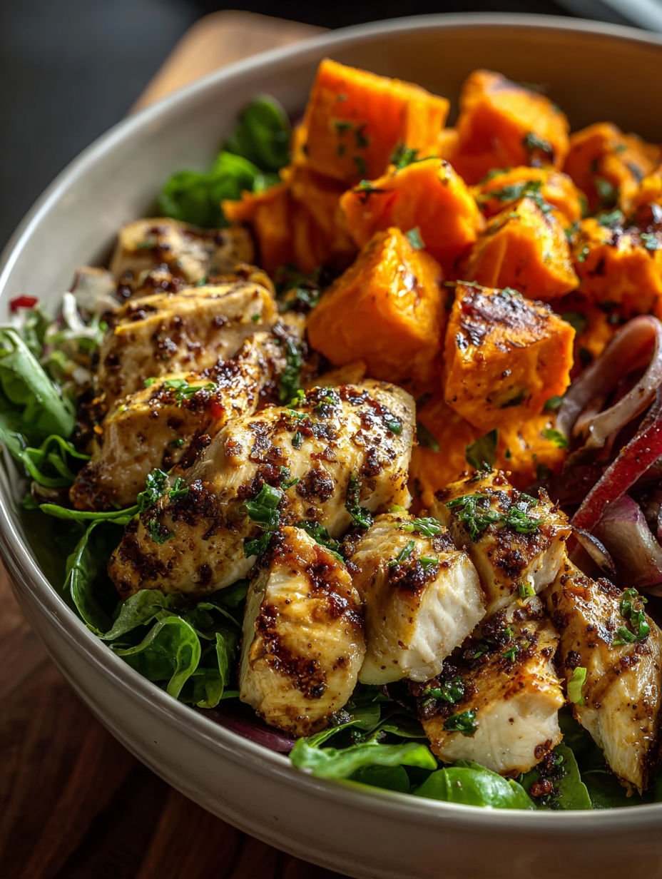 A bowl of chicken and sweet potatoes.