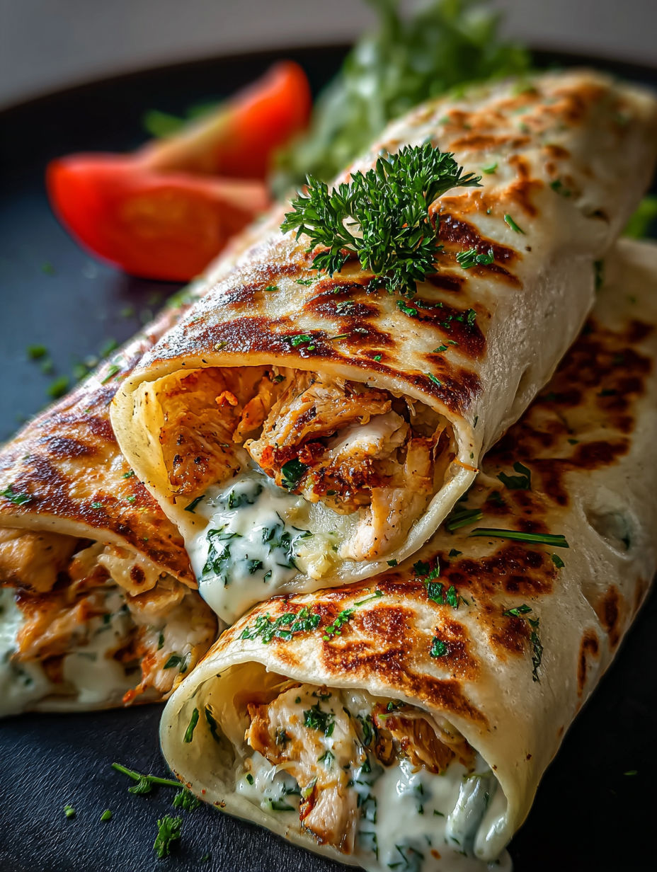 A cheesy chicken garlic wrap.