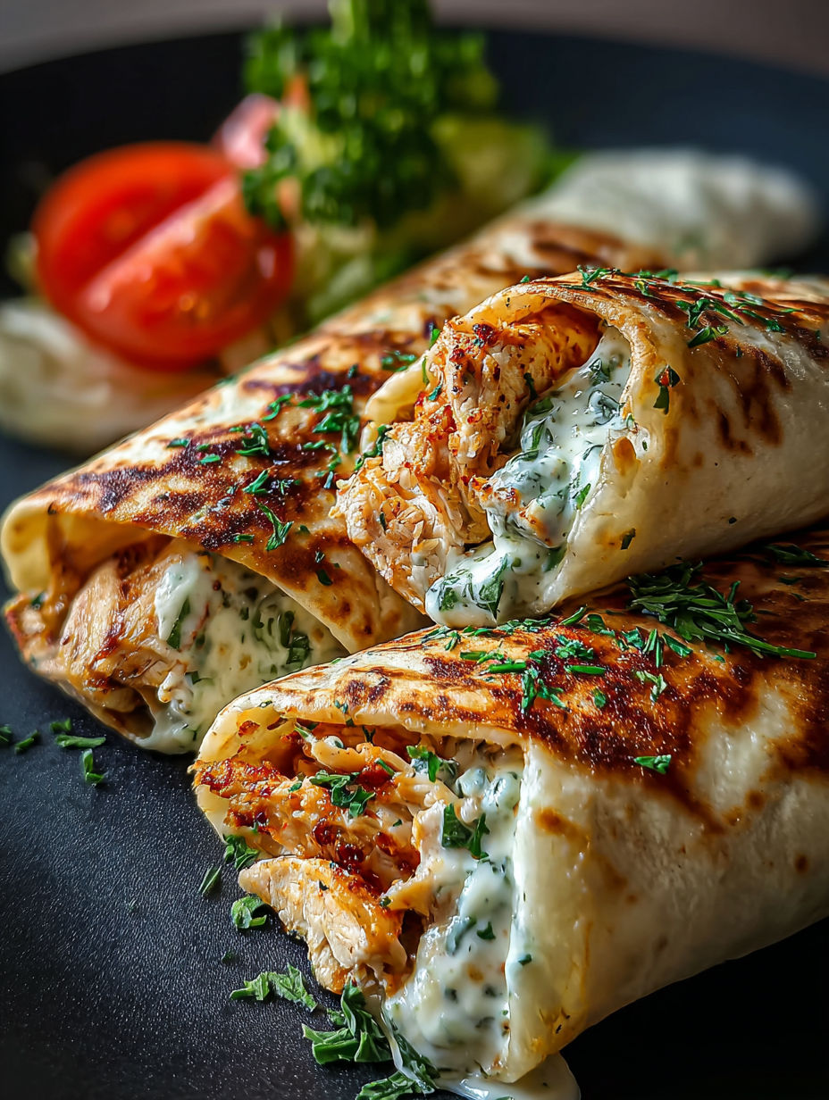 Two cheesy chicken garlic wraps on a plate.