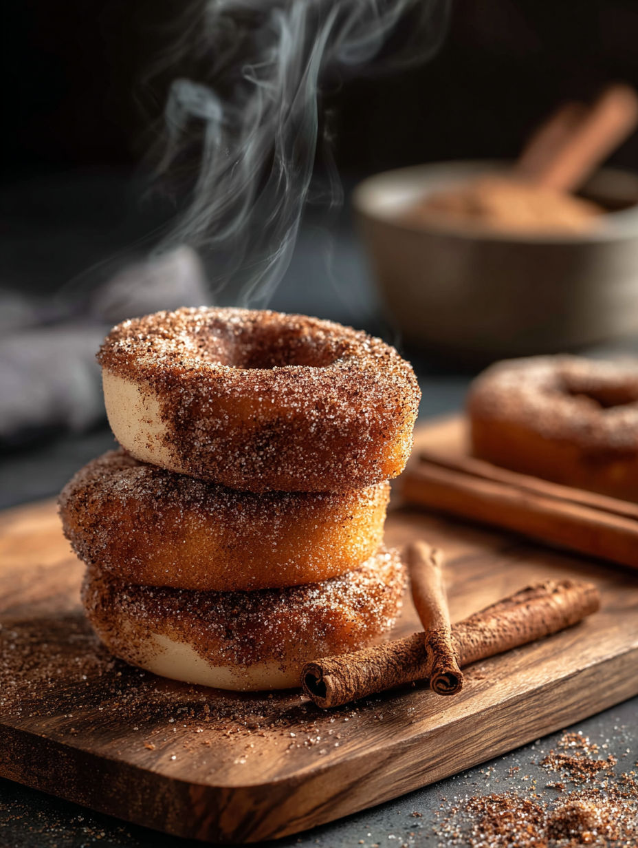 A stack of cinnamon donuts with a bowl of cinnamon embers.