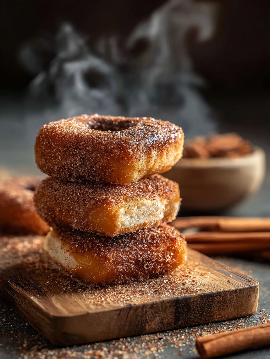 A stack of cinnamon donuts on a table.