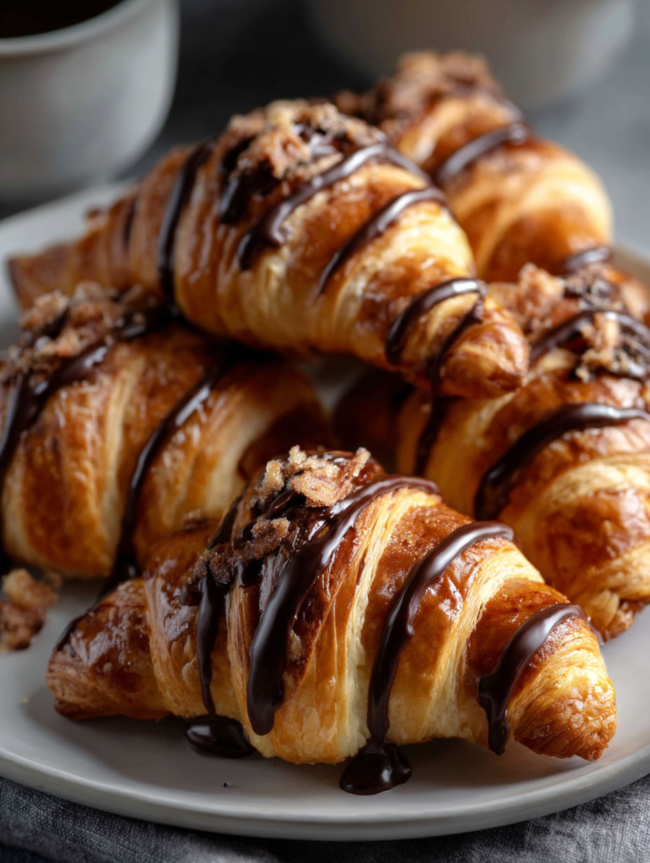 Croissants drizzled with chocolate sitting on a plate.