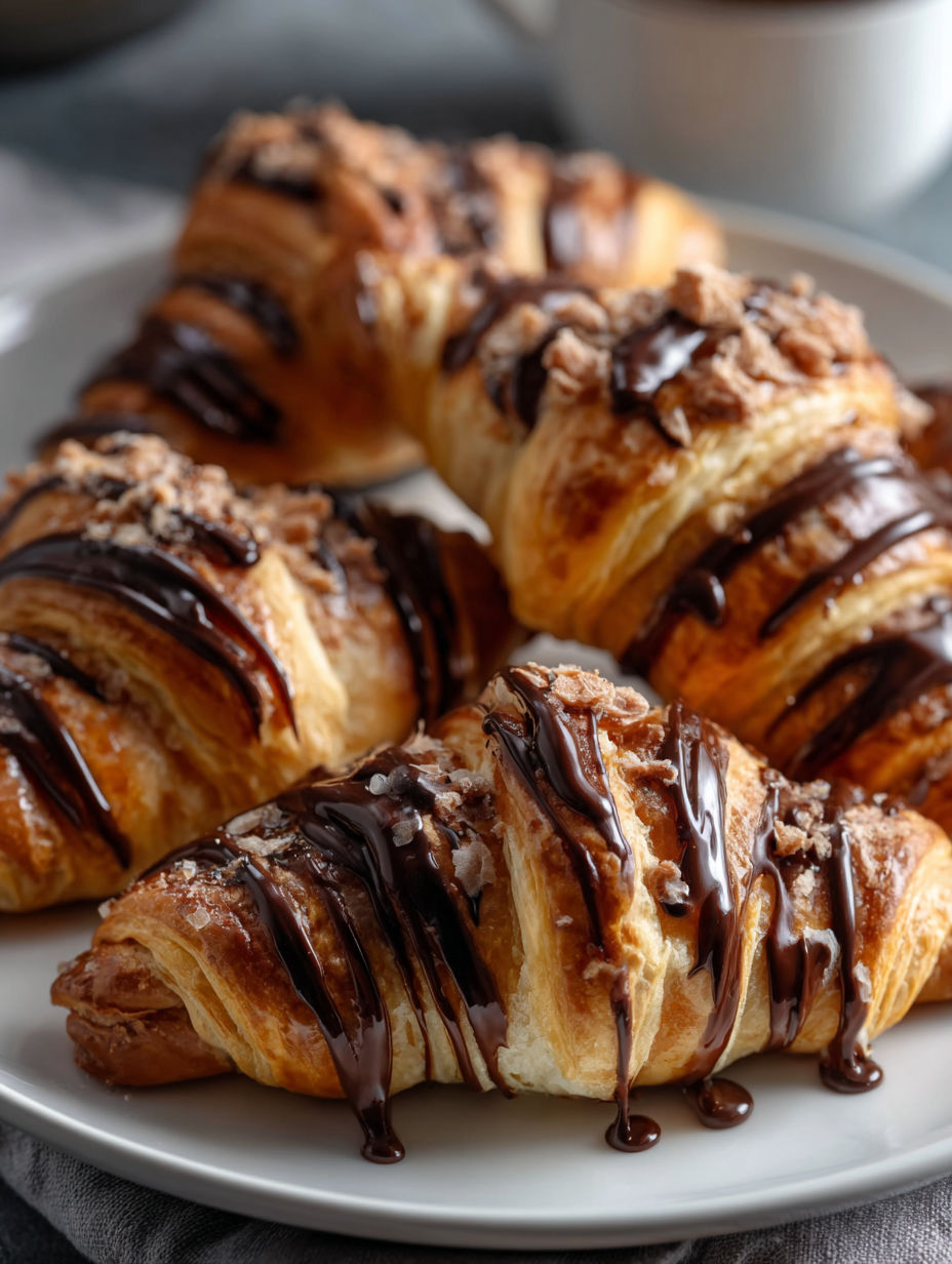 Croissants with chocolate drizzled on a plate.