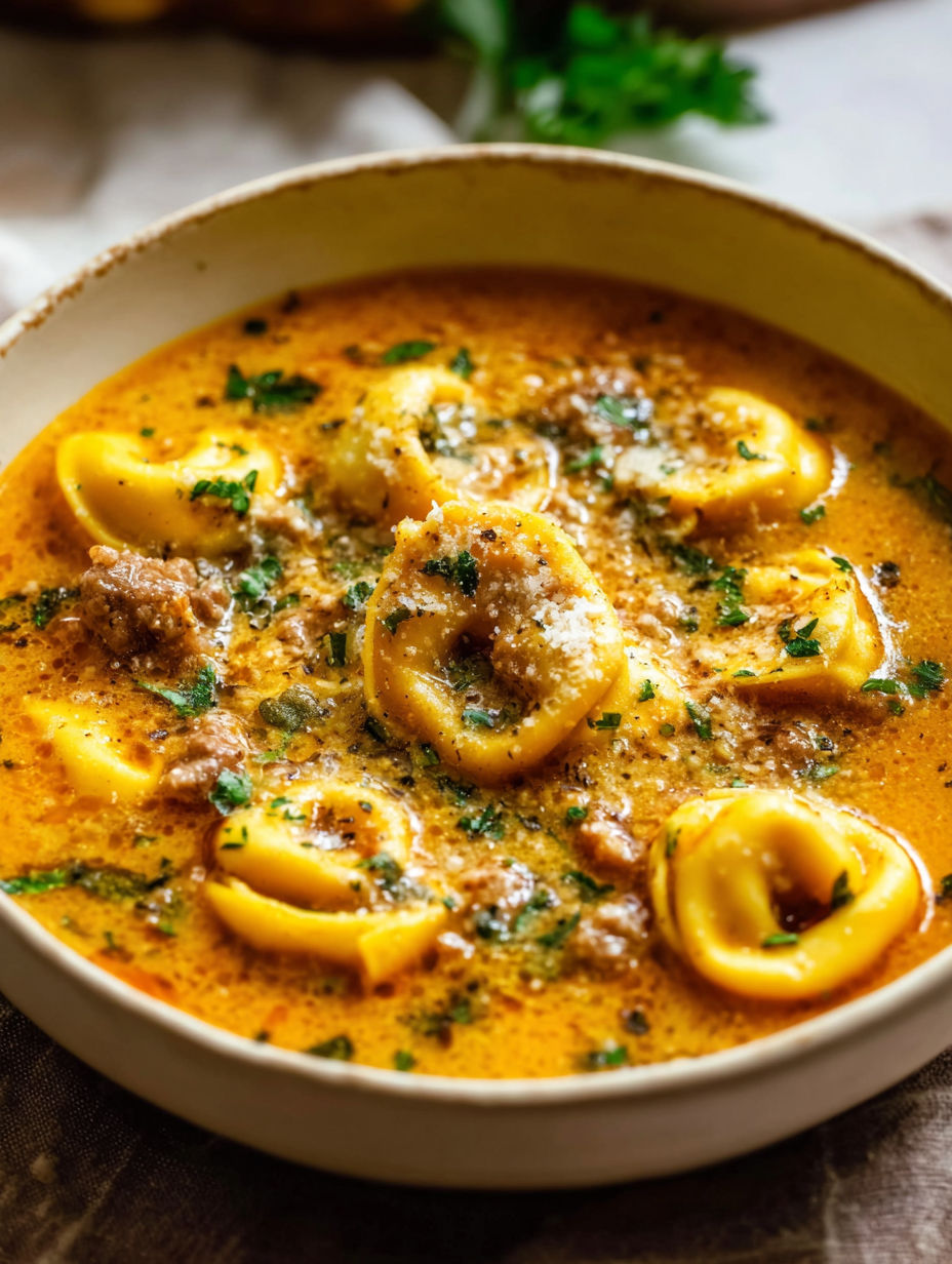 A bowl of soup with pasta and meat in it.