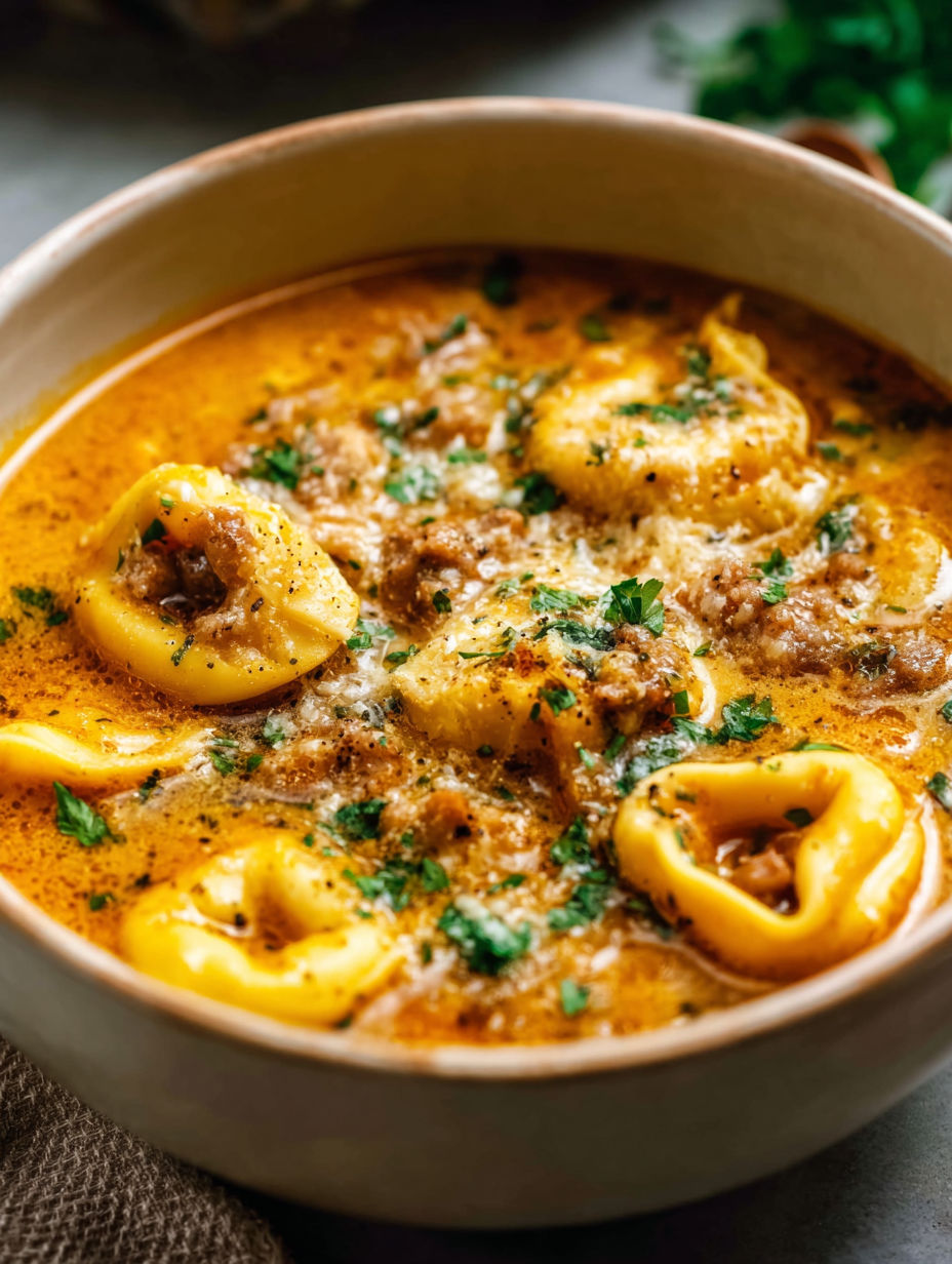 A bowl of soup with pasta and meat.