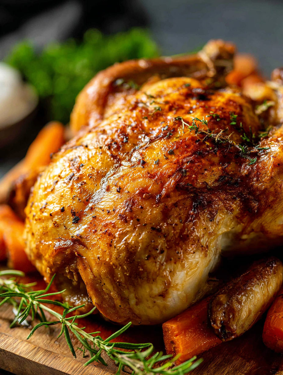 Herbs and spices layered on a roasted chicken.