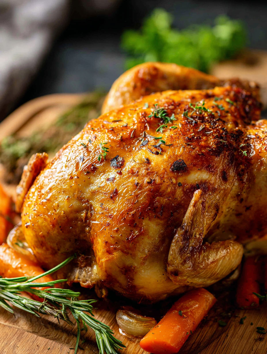 Herbs and spices layered on a roasted chicken.