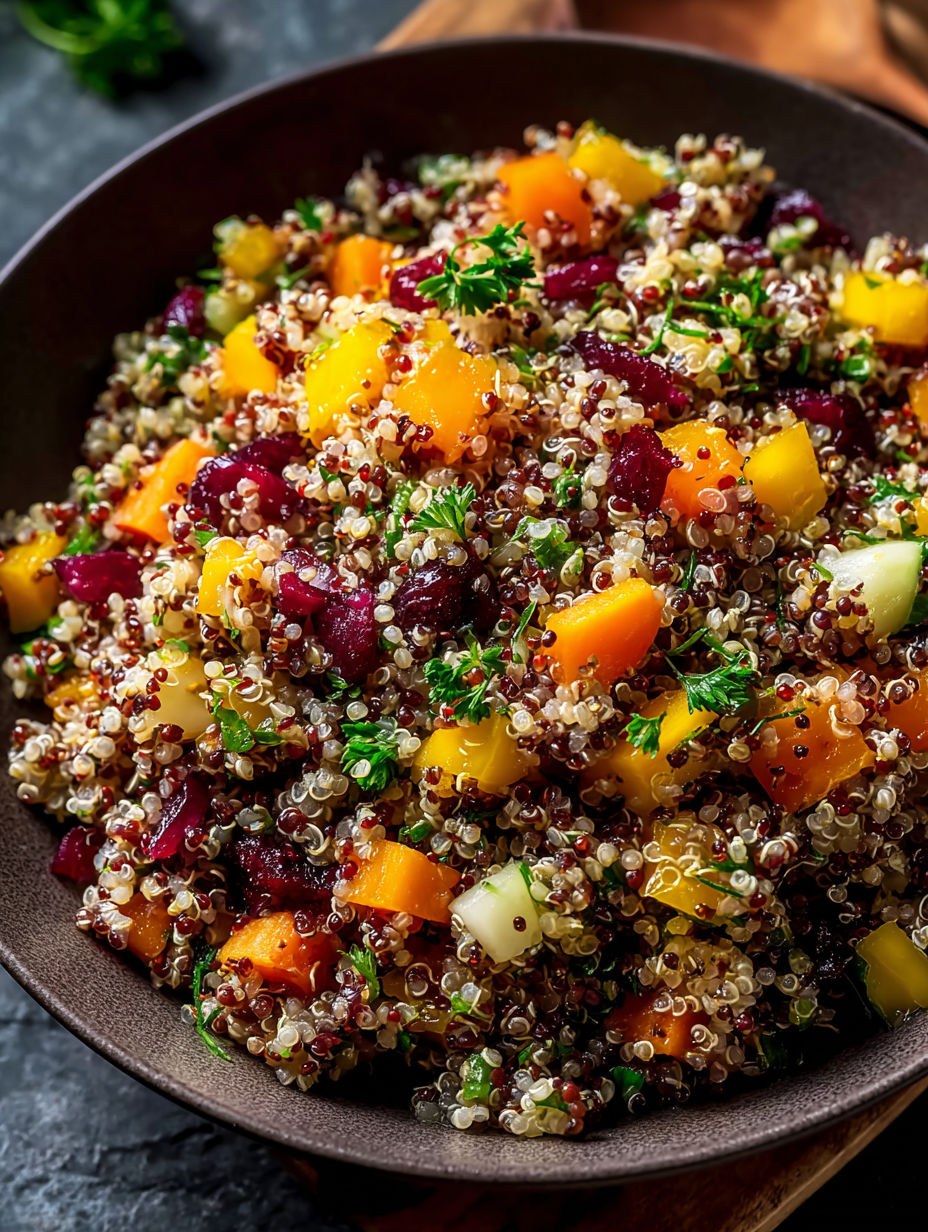 A bowl of quinoa salad with various fruits and vegetables.