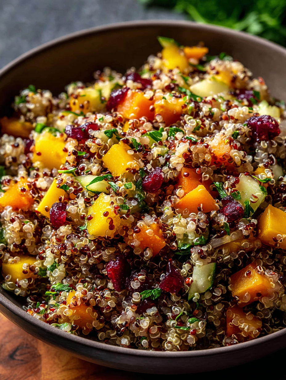 A bowl of quinoa salad with various fruits and vegetables.