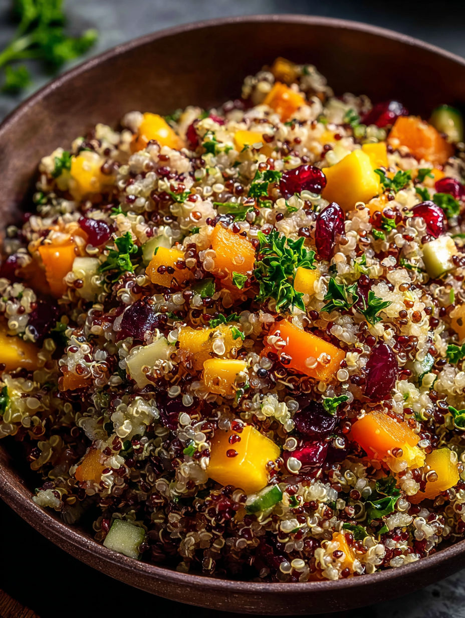 A bowl of quinoa salad with various fruits and vegetables.